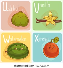 Cute Vegetable and Fruit Alphabet. Cartoon Characters