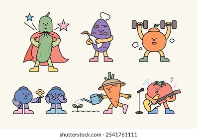 Cute vegetable and fruit personified characters. They are enjoying a healthy lifestyle.