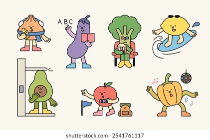 Lindos personajes personificados de verduras y frutas. Están disfrutando de una vida maravillosa.