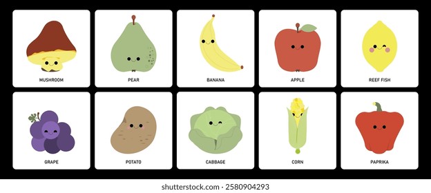 Cute vegetable and fruits with funny kawaii faces. Happy smiling set of healthy food. Cheerful mushroom, lemon, cabbage and paprika. Flat graphic vector illustration isolated on white background.