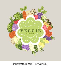 Cute vegetable full fill color doodle with background and text , salad, potato, mushrooms, pumpkin, eggplant and tomatoes.