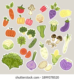 Cute vegetable full fill color doodle with background, carrot, radish, mushrooms, corn, eggplant and tomatoes.