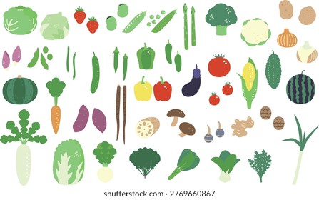 Cute Vegetable Icon Set (Food, Vector Illustration)