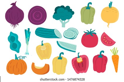 Cute vegetable object collection.Whole, cut in half, sliced on pieces vegetable. Vector illustration for icon,logo,sticker,printable