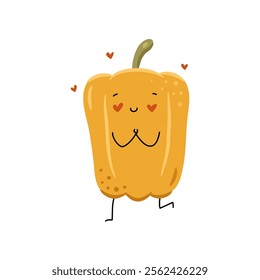 Cute vegetable personage with heart shaped eyes. Vector isolated Bulgarian bell pepper or paprika sticker expressing in love emotion. Romantic cute character with lovely face, legs and arms