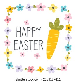 cute vegetable in scandinavian style of flat illustration, carrot in frame of flowers on white background