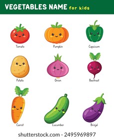 A cute vegetable set features colorful, smiling veggies like carrots, tomatoes, and potato. Perfect for teaching kids about healthy eating in a fun and engaging way.