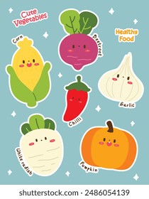 Pegatinas vegetales lindas, maíz, remolacha, ajo, rábano blanco, chile y calabaza