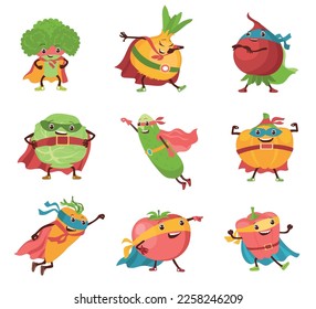 Cute vegetable superheroes. Cartoon funny characters in heroic costumes. Fantastic strong fruits. Capes and masks. Flying broccoli and carrot. Splendid vector isolated