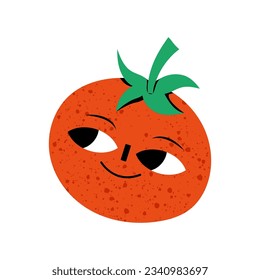 Cute vegetable tomato cartoon character isolated on white background vector illustration. Funny positive and friendly tomato emoticon face icon. Happy smile cartoon face, comical vegetable mascot