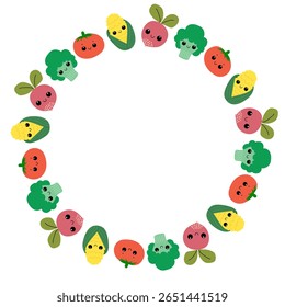 Cute vegetable wreath with smiling faces in kawaii style.