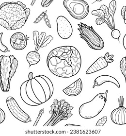Cute vegetables black and white seamless pattern. Food ingredient outline background with cabbage, pumpkin, corn, potato, carrot and more. Organic print in cartoon style. Vector illustration