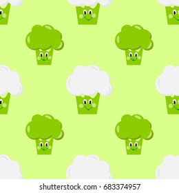 Cute vegetables broccoli, cauliflower seamless vector pattern