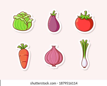 Cute Vegetables (Cabbage, Eggplant, Tomato, Carrot, Onion, Leek) Sticker Illustration Set