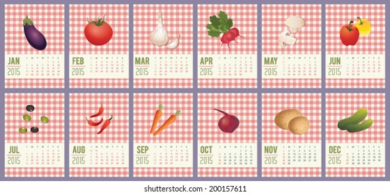 Cute, vegetables calendar on 2015 year. Vector illustration