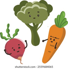 Cute Vegetables Carrot Broccoli Beet Vector Illustration