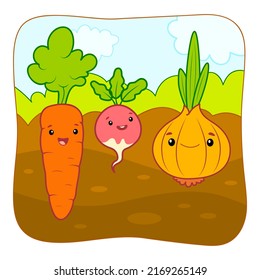 Cute Vegetables Cartoon. Gemüse Clip Art Vektorgrafik Vektorgrafik. Naturhintergrund