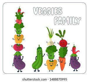 Cute vegetables cartoon set with hand drawn colorful veggies - carrot, chilli, radish, bell pepper, squash, beet, eggplant, broccoli, tomato. Smiling characters standing on top of each other. Family