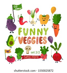 Cute vegetables cartoon set with props - baloon, flag, banner. Colorful smiling veggies (carrot, radish, pepper, avocado, champignon, squash, beet, eggplant, broccoli, tomato).  Vector characters