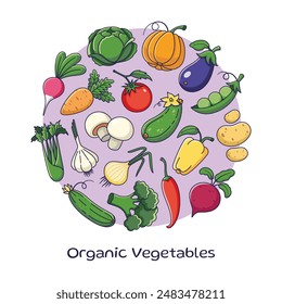 Cute vegetables in cartoon style. Outline Vegetables collection template. Veggies icons, stickers, bundle. Organic vegetables round frame Vector illustration isolated on white background.