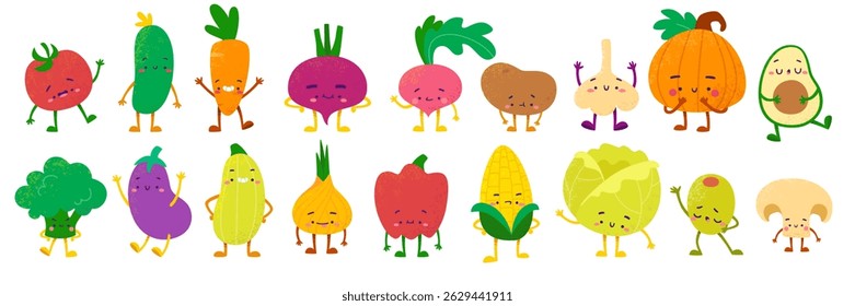 Cute vegetables character set. Cartoon vector textured veggies collection. Vegetables mascots bundle.