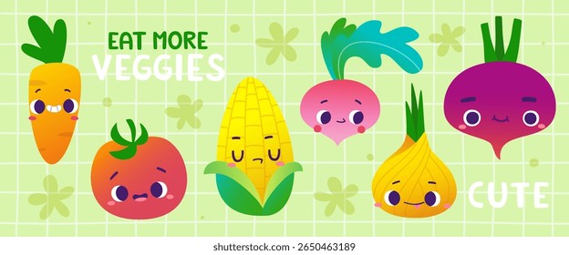 Cute vegetables characters collection. Retro cartoon veggies set.