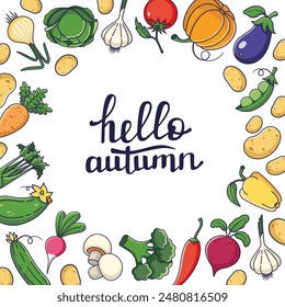 Cute vegetables Decorative round frame. Vector illustration isolated on white background. Circle border, copy space. Autumn decorative round frame with lettering HELLO AUTUMN.