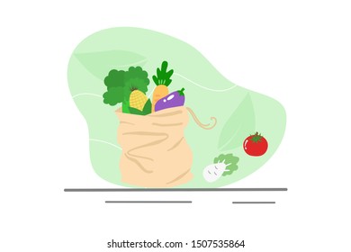 Cute Vegetables in Eco Cloth Grocery Tote Bag on White Background. Vector Illustration. Zero Waste, Eco Friendly, Plastic bag Free Concept.