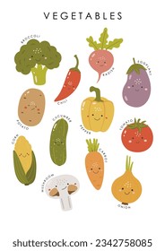 Cute vegetables, Educational vegetables illustration, educational material, kids vector, kindergarten illustration, classroom poster, vegetables vector, preschool design, vegetables vector