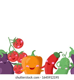 cute vegetables: eggplant, cherry tomatoes, peppers, cucumber. Cartoon food collected in a seamless banner