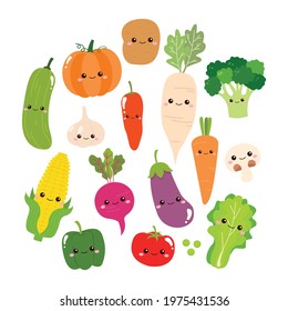 Cute vegetables with face collection. Flat vector design isolated on white background