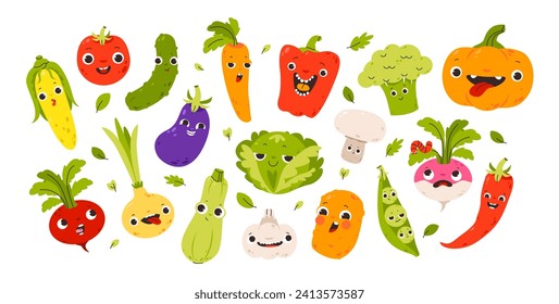 Cute vegetables with faces. Kids funny food character vector set. Organic healthy food
