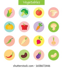 Cute vegetables flat icon.Corn ,broccoli ,tomato ,mushroom ,pumpkin ,bell pepper ,carrot ,chili ,radish ,beetroot ,onion ,red bean ,eggplant and soybean isolated on white background.Healthy food.