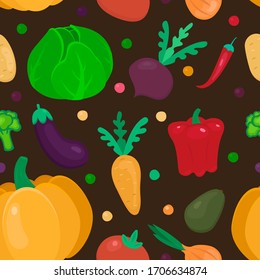 cute vegetables flat seamless pattern on brown background