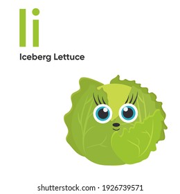 Cute Vegetables and Fruit Alphabet Series A-Z. Vector ABC. Letter Ii. Iceberg Lettuce. Cartoon fruits and vegetables alphabet for kids. Isolated vector icons Education, baby shower children prints, de