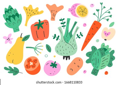 Cute vegetables and fruit collection, cabbage, pepper, pear and tomato isolated on white background, wholesome veggie food, modern flat hand drawn vector illustrations