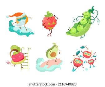 Cute vegetables, fruits characters cartoon illustration set. Avocado and orange surfing and windsurfing on surf board, radish going down into pool, strawberry walking on beach. Food, sport concept