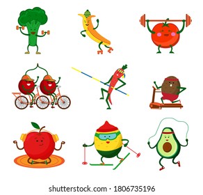 Cute vegetables and fruits going in for sports. Broccoli with dumbbells, carrots with a pole, Tomato raises a barbell, cherries ride a bike, an apple, a lemon on skis. Vector illustration isolated 