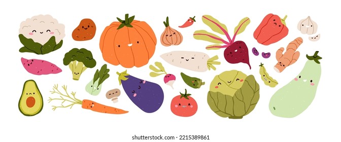 Cute vegetables with fun faces. Happy food characters set. Funny smiling kawaii veggies, pumpkin, carrot, broccoli, avocado. Childish colored flat vector illustrations isolated on white background