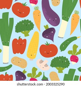 Cute vegetables with funny faces in seamless pattern. Hand drawn flat healthy food with different emotions. Carrot, tomato, broccoli, eggplant, pepper characters. 