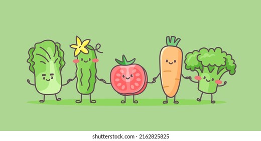 Cute vegetables go hand in hand after each other. Happy cabbage, cucumber, tomato, carrot and broccoli.