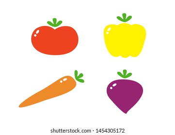 Cute vegetables icons set in flat design, vector illustrations: a tomato, a yellow bell pepper, a carrot and a beetroot