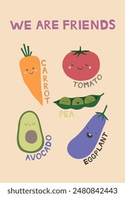 cute vegetables illustration for kids and others. carrot, tomato, avocado, pea, eggplant