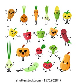 Cute vegetables kawaii flat characters vector set. Cartoon veggies emojis collection. Smiling, happy pepper, carrot, potatoe, onion isolated illustrations. Healthy nutrition stickers pack