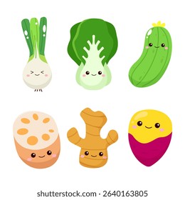Cute vegetables mascot, scallion, bok choy, cucumber, lotus root, ginger, yam