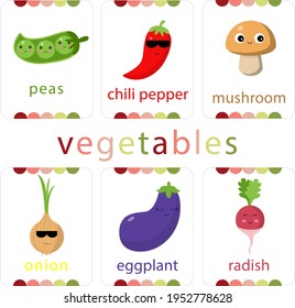 cute vegetables: peas, chilli pepper, mushroom, onion, eggplant, radish. Cards for teaching Montessori. Flashcards for early childhood development