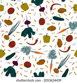 Patrón de verduras sin costura. Antecedentes de ingredientes alimentarios con cebolla de pepino de tomate, zanahoria y muchos otros. Impresión orgánica en caricatura de estilo plano dibujado a mano. Ilustración del vector
