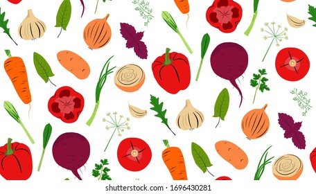 Cute vegetables seamless pattern. Carrots, beets, potatoes, onions, garlic, sorrel, dill, basil, parsley. Flat color design vector illustration.
