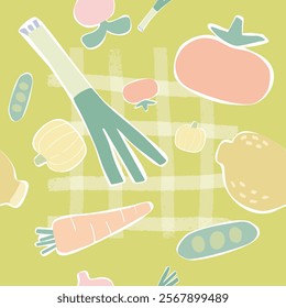 Cute vegetables seamless pattern with childish style. Hand draw doodle grocery veggies, lemon seamless background. Vector cartoon fresh organic veggies characters. Fresh food simple shapes minimalist.