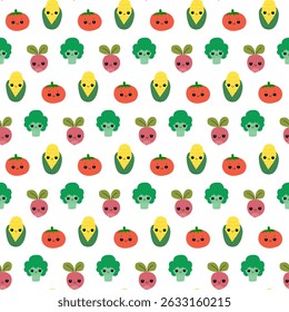 Legumes bonitos sem costura padrão. Padrão de vegetais coloridos com rostos sorridentes.